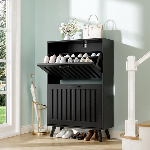 Shoe Storage Cabinet with 2 Flip Drawers, Modern Freestanding Organizer with Adjustable Shelf,Freestanding Shoe Storage Cabinet for Entryway Hallway.Black