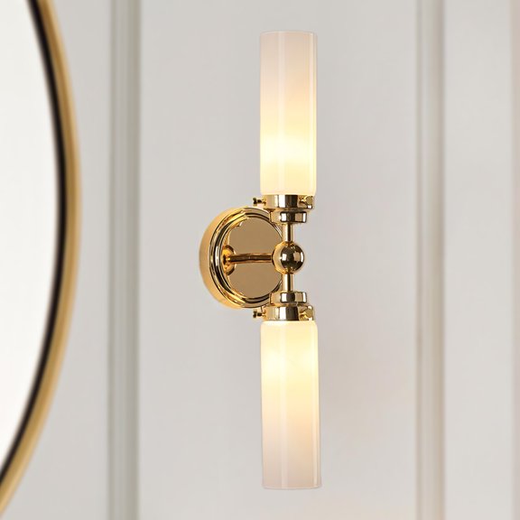 Modern Opaque Glass Tube Brass Double Vanity Light, Contemporary Silhouette Sconce, Spherical Detail Wall Light, Hand-Polished Wall Sconce beside/over Mirror, for Hallway, Entryway, Bathroom