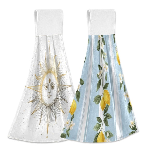 IAUYY Kitchen Hanging Towels Set of 2 100% Polyester Absorbent, Super Soft Hand Towels with Hanging Loops for Bathroom Kitchen A Line Drawing A Lemon and Flowers