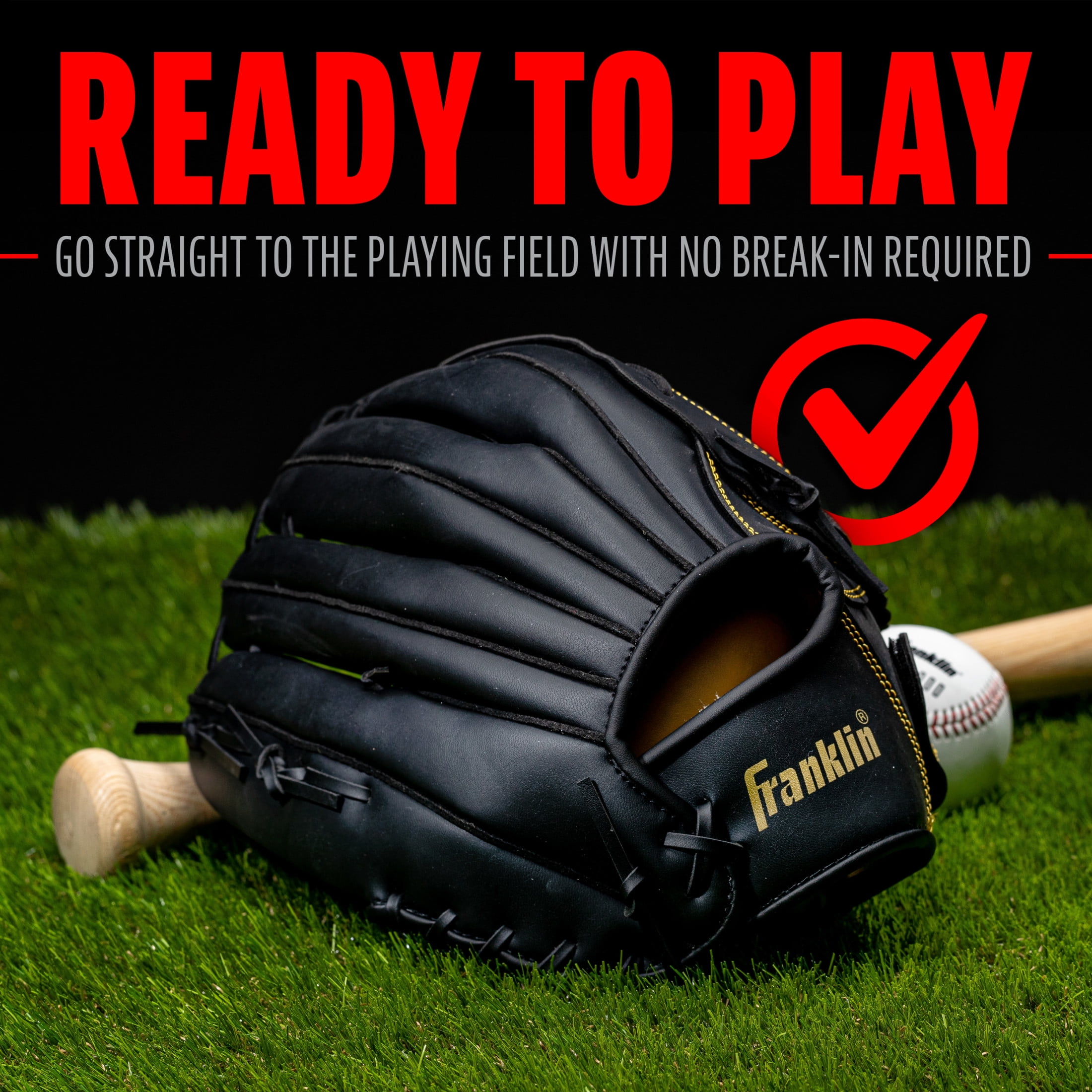 Franklin Sports Field Master Baseball + Softball Glove, 14 in, Black/Gold, Right Hand Throw