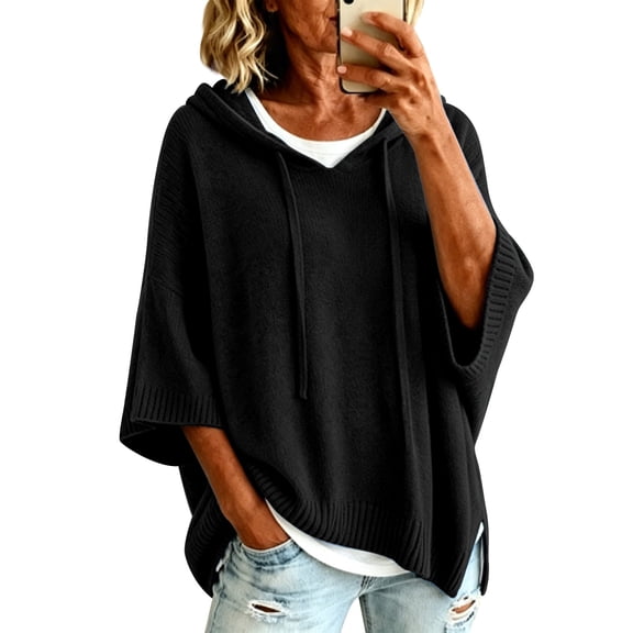 Pullover Sweaters for Women Hooded Side Slit Ribbed 3/4 Batwing Sleeve Sweaters Soft Ribbed Knitted Drawstring Sweatshirts Trendy Sweatshirts Daily Office Work Travel Outfits, Black L
