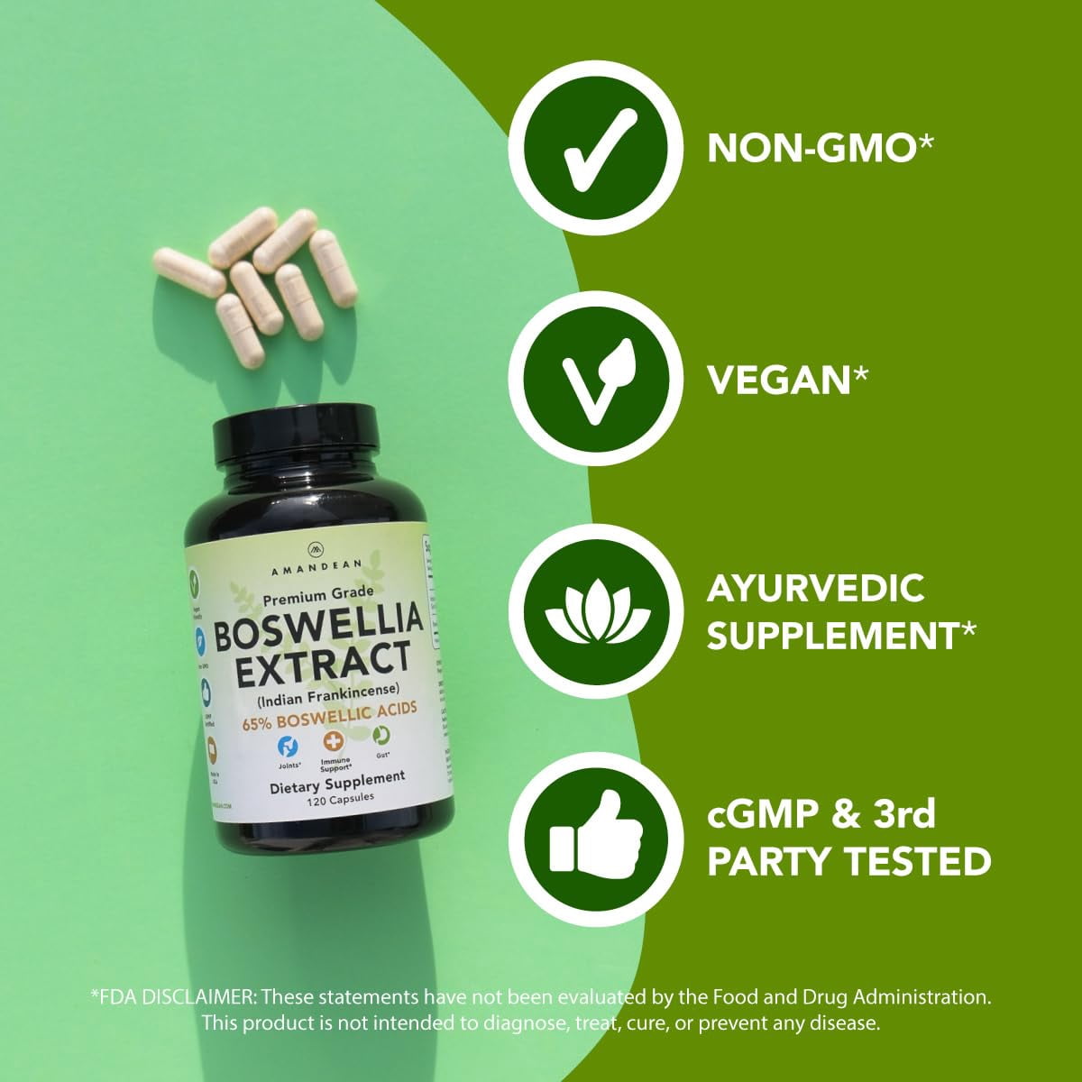 Amandean Boswellia Serrata Extract. 500mg 120 Veggie Capsules. 65% Boswellic Acids with AKBA. Natural Ayurvedic Supplement (Indian Frankincense). Premium 3rd Harvest. (Packaging May Vary)