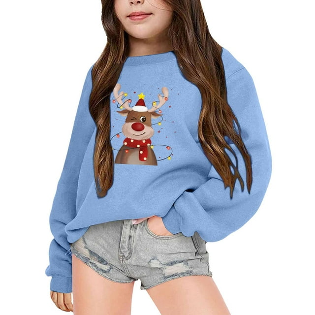 SNPOSN Chandail en Molleton Fille Respirant Chandail en Molleton Fille Chandail à Capuchon d'Hiver Fille Manches Longues Col Rond Imprimé de Noël Chandail en Molleton Confortable et Chaud pour Enfants Bleu 4-5 Ans