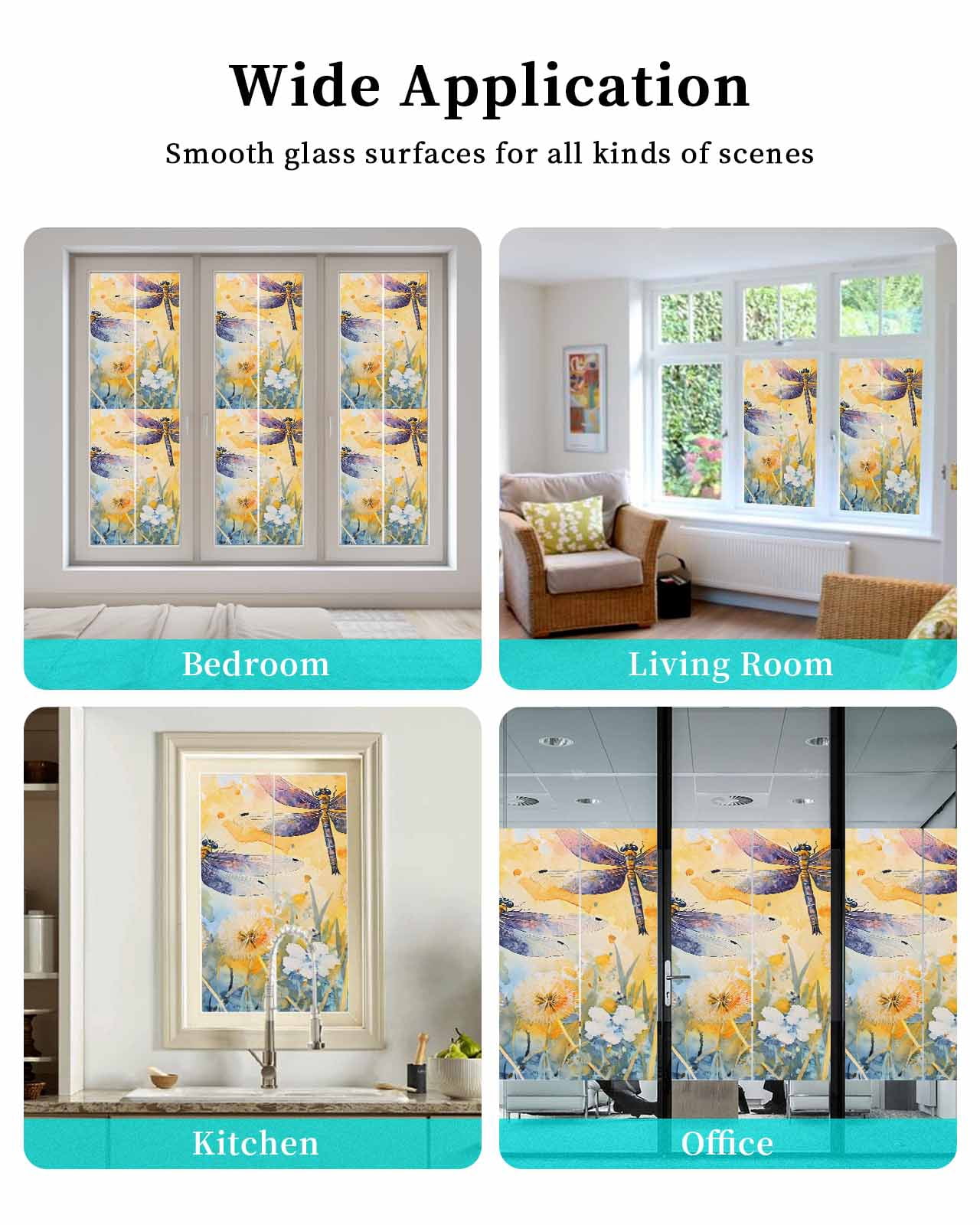 Window Privacy Film Yellow Dragonfly Spring Floral Stained Glass Window Film Decorative Sun Block Window Cover Summer Botanical Window Clings Static Adhesive Sticker for Bathroom 29.5"x78.7"