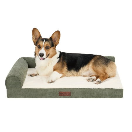Plush & Grid Cord Orthopedic Deluxe L-Chaise Pet Bed for Dogs and Cats - Olive Medium