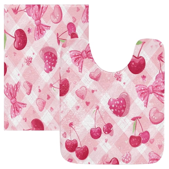 2 Piece Bath Mat Set with U-Shaped Toilet Mat and Rectangle Bath Rugs Non Slip Machine Washable Bathroom Mats Cherry and Pink Bow Pattern
