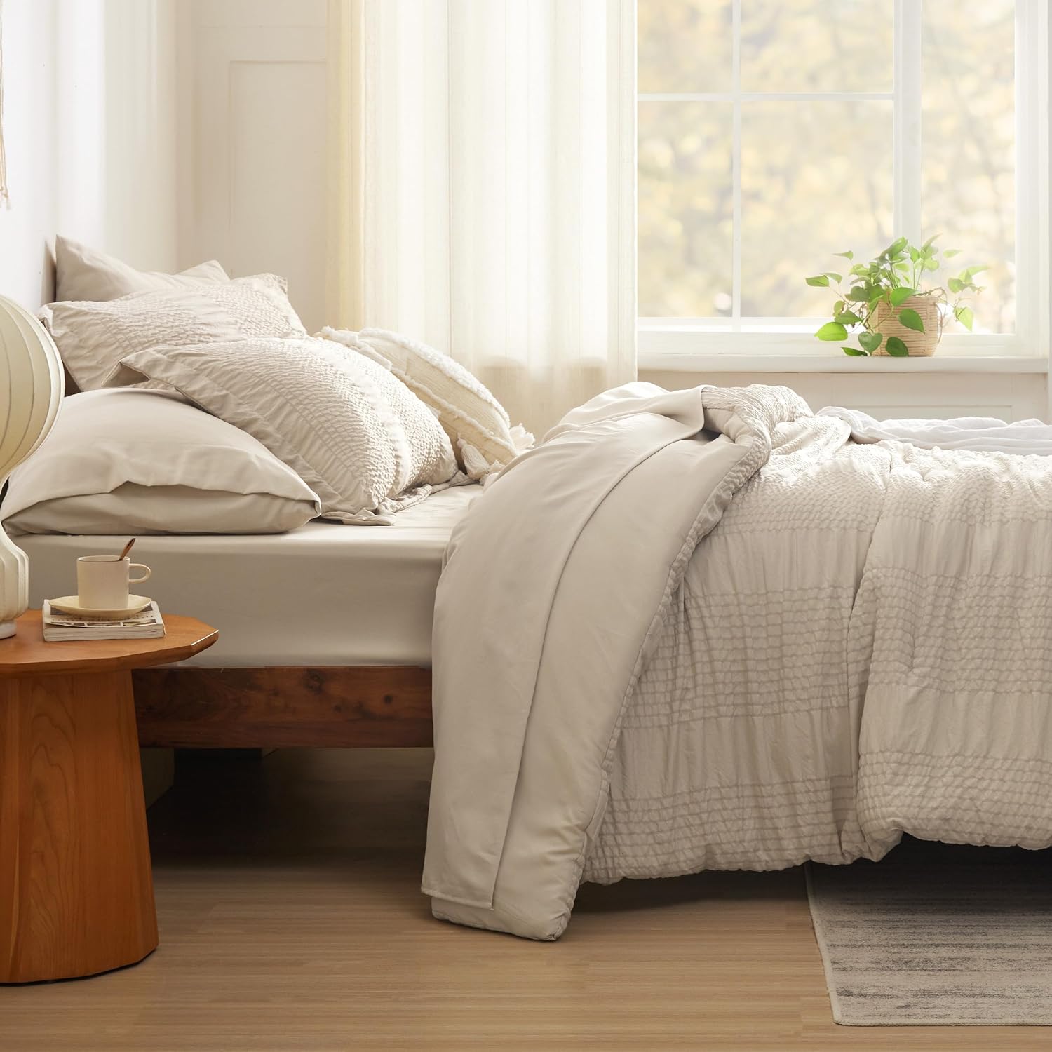 Cozy Comfort Bed in a Bag Queen - Queen Comforter Set 7 Piece Stripes Seersucker Bedding Set, Soft Lightweight Down Alternative Comforter Queen Bed Set(Khaki,Queen 90 x 90 inch)