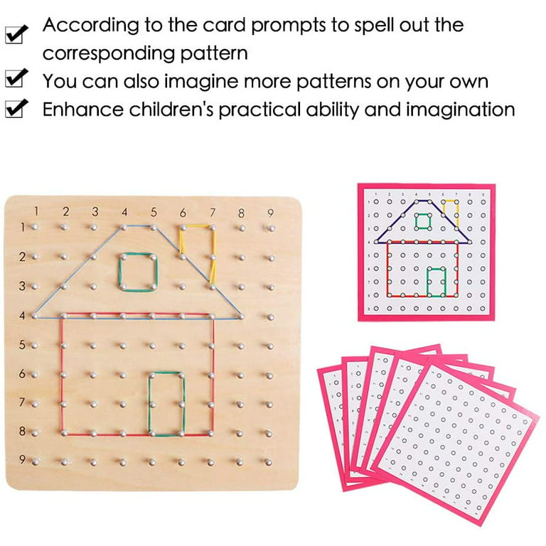 Wooden Geoboard Graphical Educational Toys Mathematical Material Array  Block Geo Board with 25Pcs Colorful Pattern Flash Cards Matrix 8x8 Gift for
