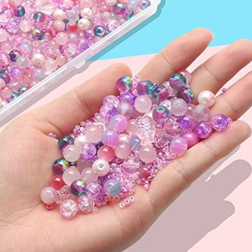YNGLLC 760pcs Mixed Craft Beads Jewelry Making Kit, Pink Glass Beads Bracelet Making Kit, 8MM Round Assorted Cystal Beads with Seed Beads for DIY Working