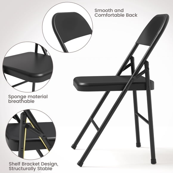 Ensemble de 4 Chaises Pliantes Robustes – Siège Rembourré Confortable, Cadre en Métal Noir Robuste, Empilables et Portatives, Capacité de 350 Lb, Idéal pour la Maison, le Bureau, les Événements – Noir, Lot de Quatre