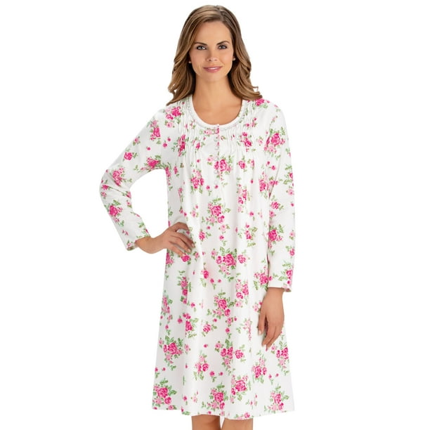 Collections Etc Long Sleeve Floral Flannel Nightgown with Scoop Neckline  and Button Details 