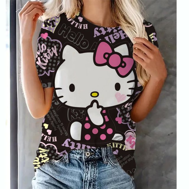 Camisetas de Hello Kitty para mujer, ropa de moda, ropa de calle, camisetas de manga corta, camiseta informal para niñas, Top con lazo