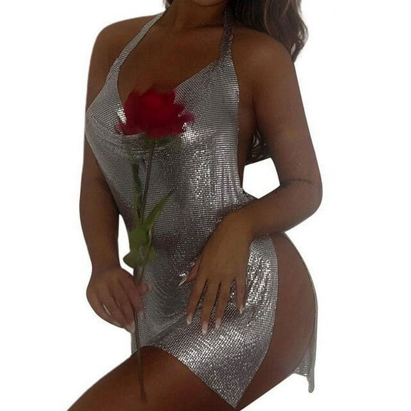 YCNYCCHY Summer Bodycon Side Slit Short Dresses for Women 2023 Halter Neck Backless Glitter See Through Sexy Club Wear Dress