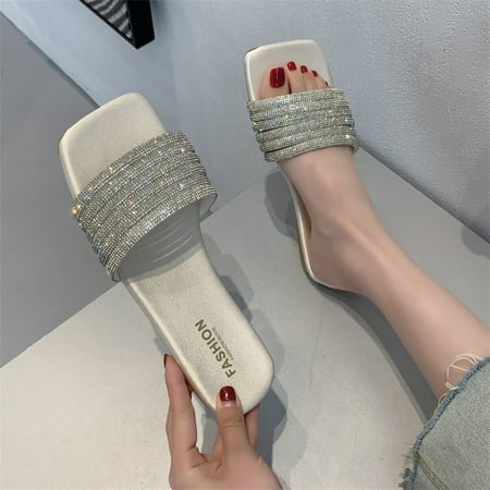 

Ykohkofe Fashion Summer Women Slippers Rhinestone Strap Flat Open Toe Solid Color Casual