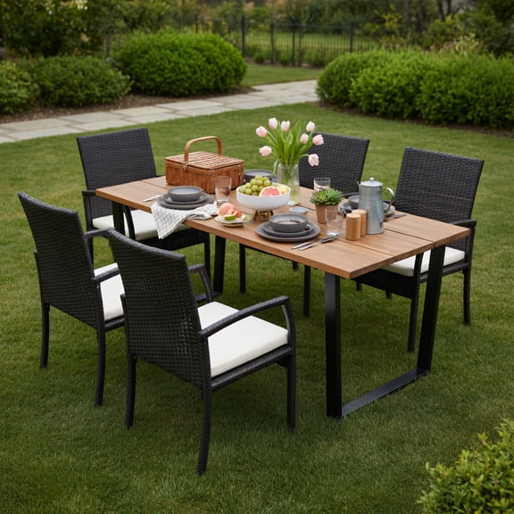 Topcobe 5 Pieces Patio Rattan Dining Set with Umbrella Hole and Seat Cushions, Outdoor Patio Furniture for Balcony Garden Backyard