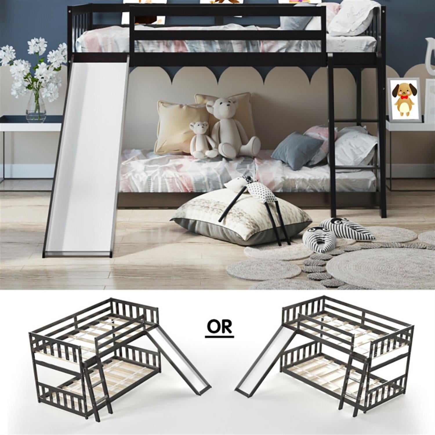 Demi Bonn Twin Over Twin Bunk Bed with High Guardrails and Slide Ladder, Twin Bunk Solid Wood Low Beds, Bed Frame, Brown