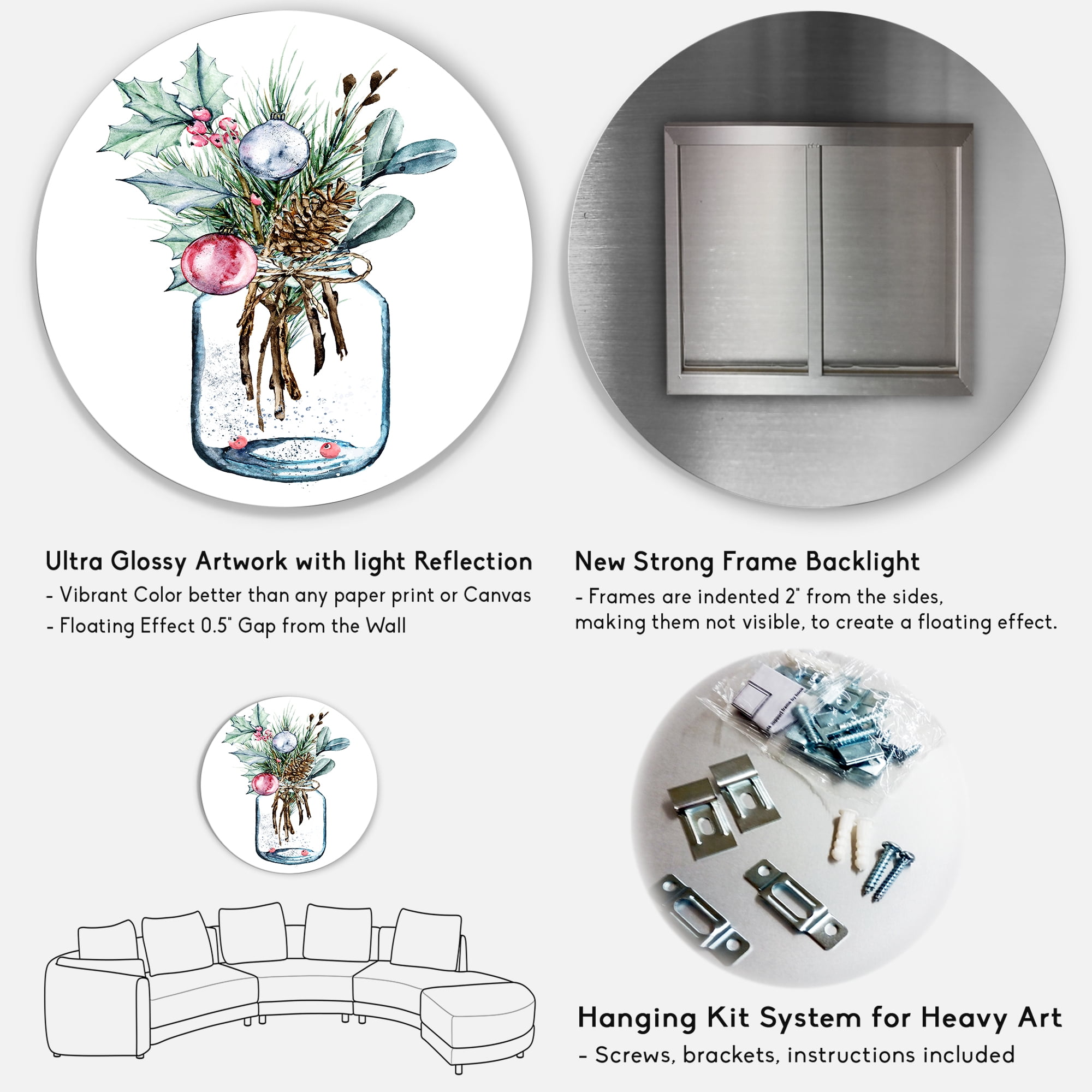 Designart 'Merry Christmas Bouquet In Transparant Jar' Traditional Circle Metal Wall Art 36x36 - Disc of 36