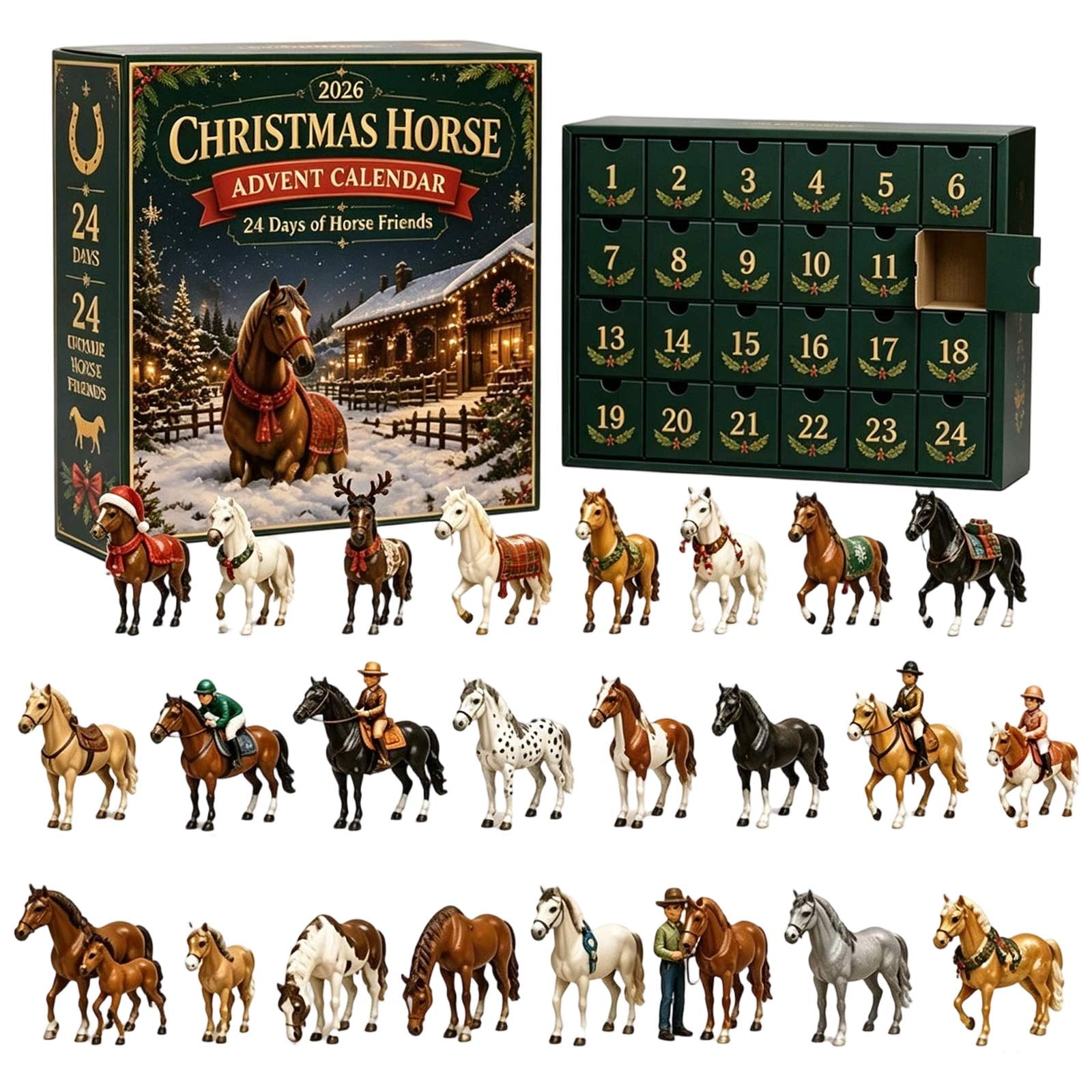 2026 Horse Advent Calendar – 24 Pcs 2D Crystal Geometric Acrylic Ornaments Christmas Tree Hanging Decor Countdown Gift Box for Kids Holiday Party