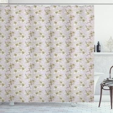 Floral Shower Curtain, Repetitive Mosaic Tile Pattern of Freesia Flowers Romantic Theme, Fabric Bathroom Set with Hooks, 69W X 84L Inches Extra Long, Brown White Pale Ceil Blue, by Ambesonne