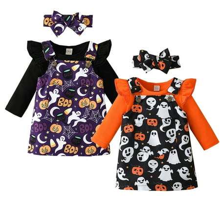 

Lovebay 0-18M Infant Baby Girls Halloween 3Pcs Outfit Sets Ruffle Long Sleeve Tops Romper + Suspender Skirt + Headband