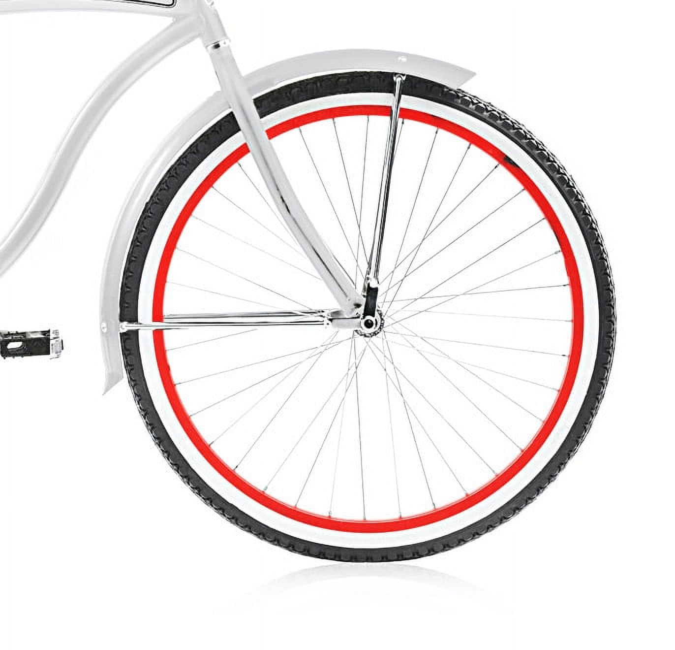 Wonder Wheels 26 In. Beach Cruiser Coaster Brake Single Speed Bicycle, Bike, Stainless Steel Spokes One Piece Crank Alloy Red Rims 36 H With Fenders - White/ Red Rim