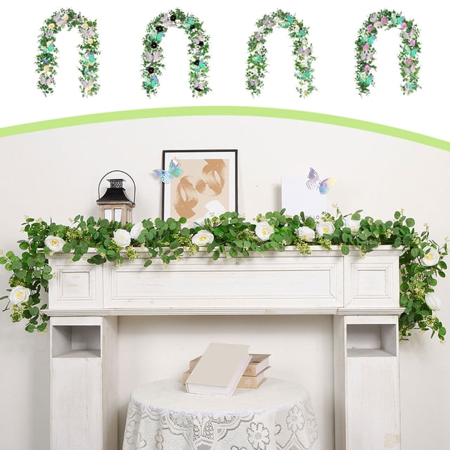Uscallm 4Pcs Easter Spring Home Decor Rattan Vines With Butterflies Wall Hanging Decoration Photography Props Wedding Party Backdrop Floral Vine Garland