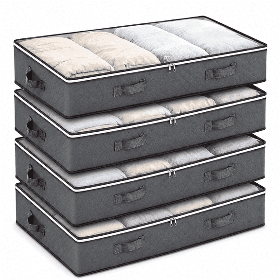 Brotasdro 4 Pack 90L Under Bed Storage Bags with Clear Window & Reinforced Handles, Foldable, Moisture-Resistant, Gray