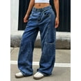 thumbnail image 4 of Women's Mid Rise Wide Leg Light Blue Patchwork Cargo Jeans Casual Streetwear Denim Pants, 4 of 8