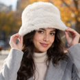 thumbnail image 3 of Bexdxz Long Pile Faux Fur Bucket Hat, Soft Fuzzy Fluffy Wide Brim Winter Fisherman Cap, Warm Outdoor Cold Weather Hat for Women Beige, 3 of 5