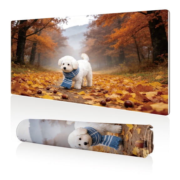 LIVEKEY Mouse Pad 80x40x0.3cm White Dog with Blue Scarf in Autumn Forest Extra Large Full Desk Coverage Non Slip Durable Easy Clean Stitched Edges for Gaming and Office