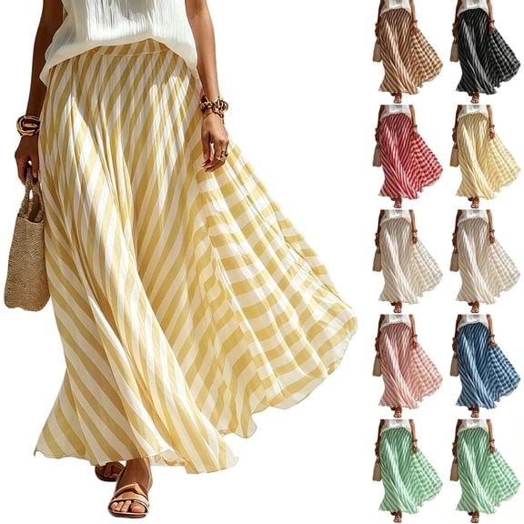 Boho Skirts for Women Summer Midi Length Loose Fit Plaid Long Flowy Elastic Waist A-Line Skirt Beach Vacation Yellow XL(XL)