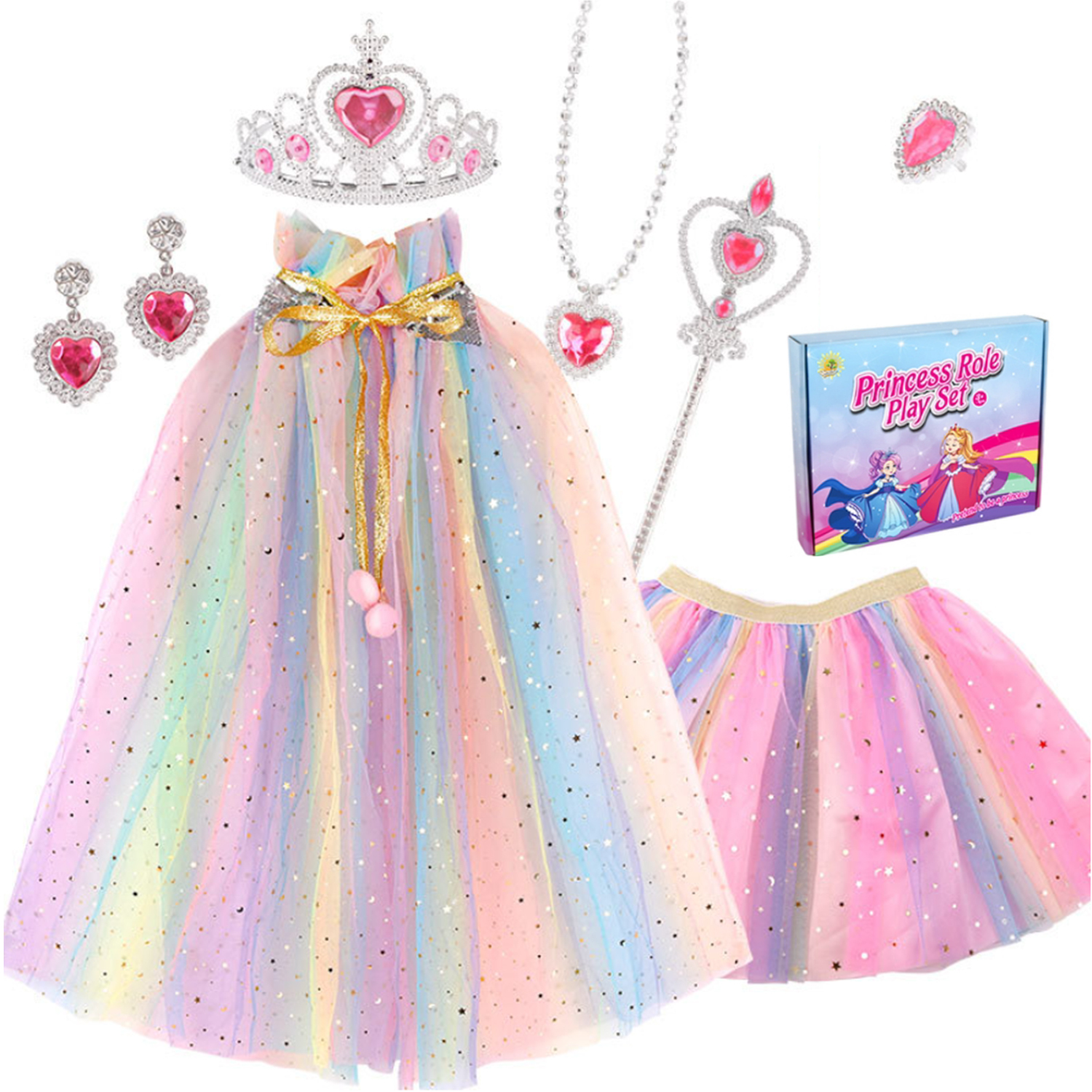 AOXTOY Dress-up Cosplay Toys for Girls, Princess Dress Up Clothes Cape Skirt Set, Pretend Play Princess Dress Cloak Jewelry Crown Wand - image 1 of 12