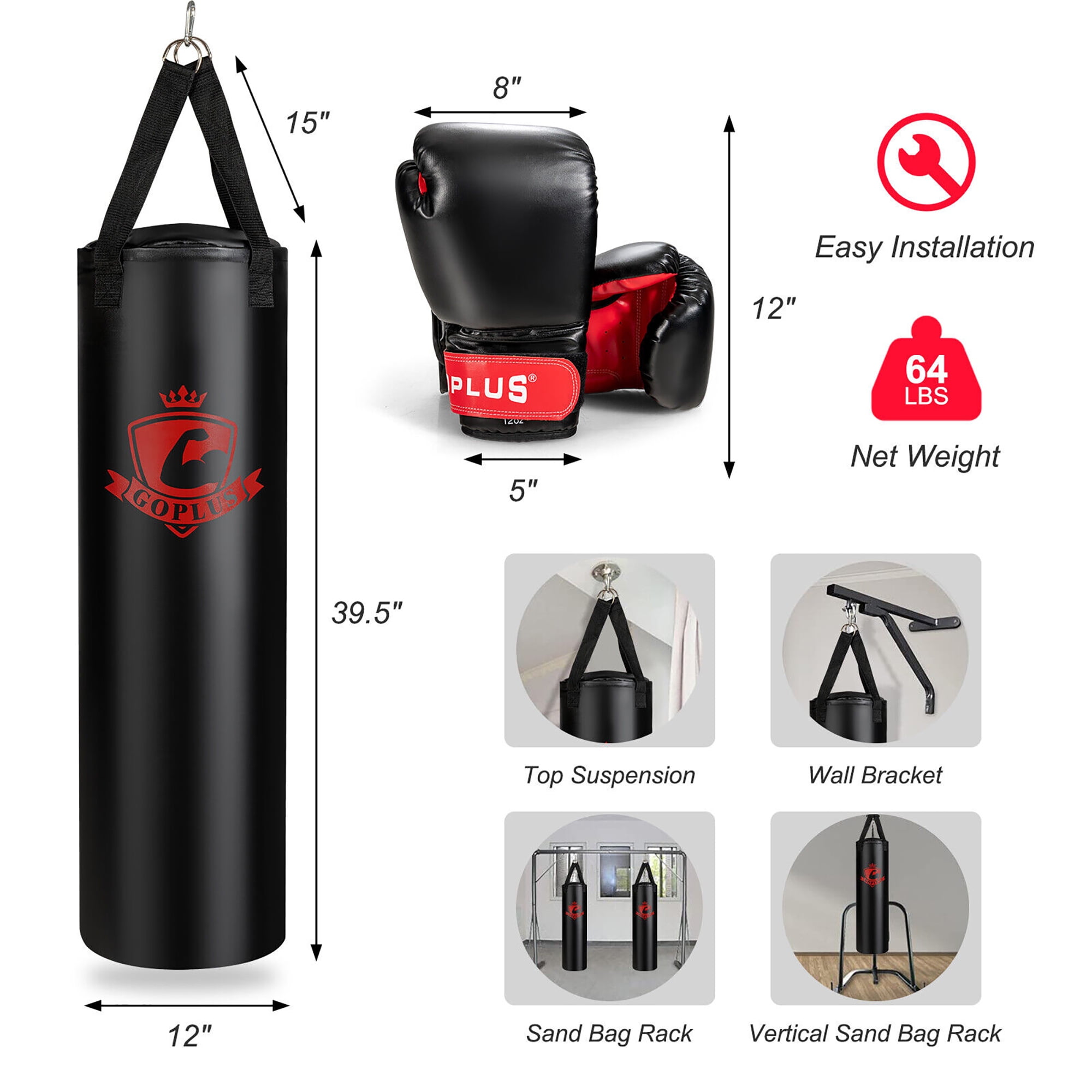 Gymax 63 lbs Filled Punching Hanging Bag Set Kick Boxing MMA training w/ Gloves Adults