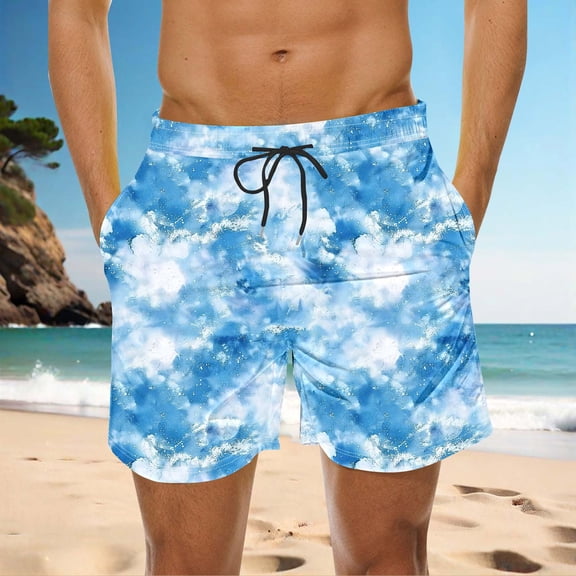 Men's Shorts Athletic Mens Casual Shorts Men's Special Print Drawstring Waistband Beach Casual Pocket Trouser Shorts Pants Light Blue XXL