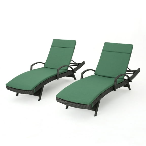Soleil Outdoor Grey Wicker Arm Chaise Lounges with Jungle Green Cushions, Set of 2