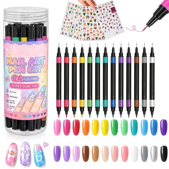 24 Colors Dual Ended Nail Art Pens Set, 3 Christmas Nail Sticker Sheets Fine Liner & Brush Tips, Smooth Quick-Dry Ink for DIY Manicures