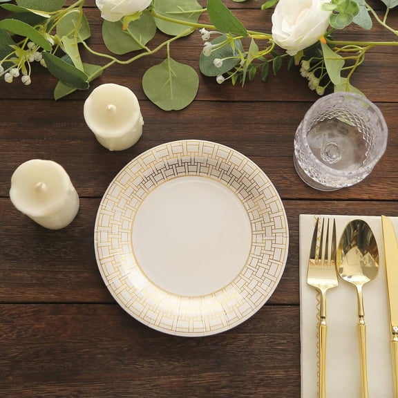 Balsa Circle 25 White 7 in Round Disposable Paper Plates Gold Basketweave Design Rim Party Events Decorations