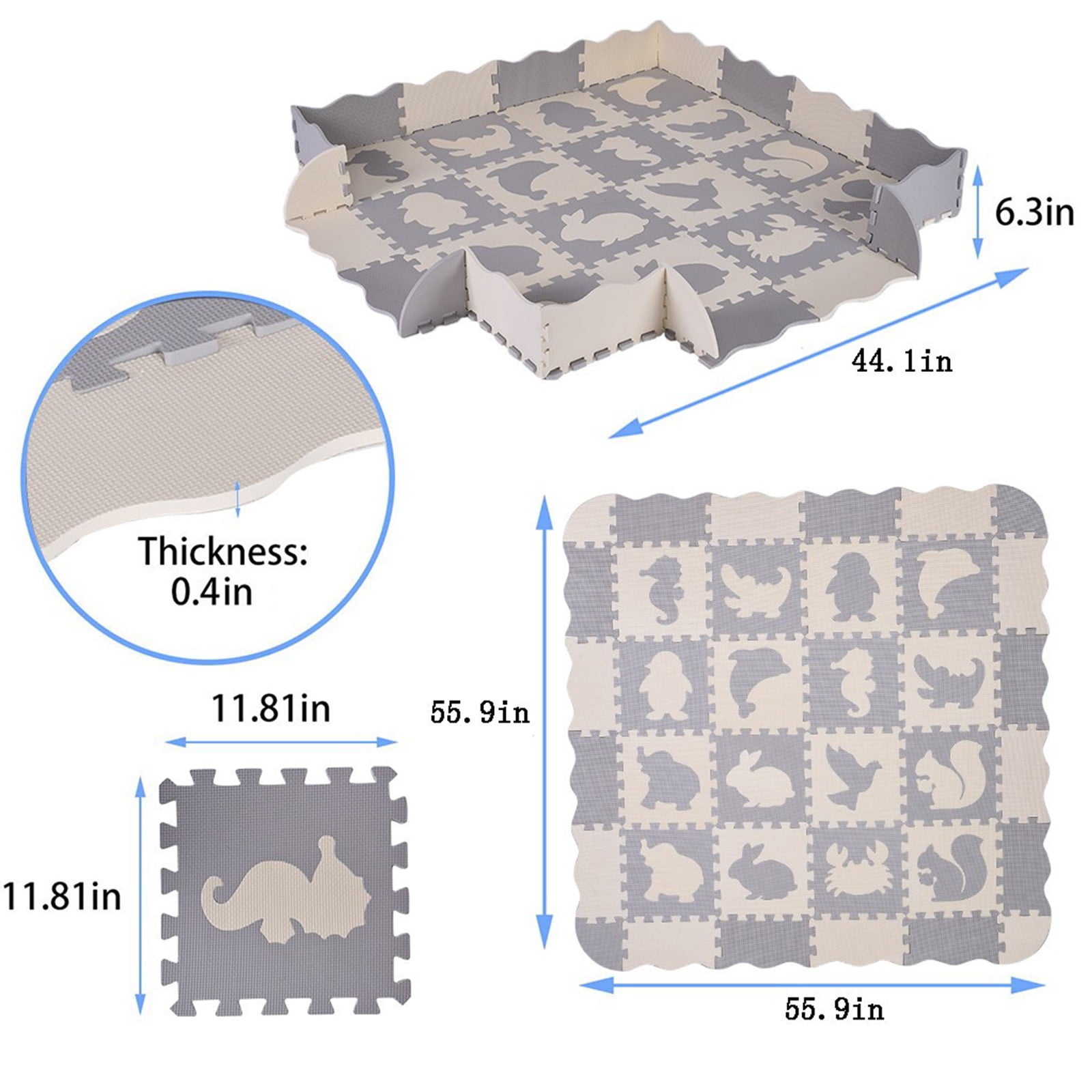 BJBSJSZ Kids Play Mat Interlocking Foam Floor Tiles, Animal Styles Puzzle Mat Soft Non-Toxic Crawling Foam Mat with Fence, Activity Playmat for Toddlers Room Decor