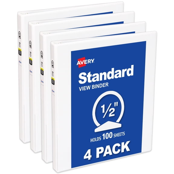 Avery® Standard View Binders, 0.5" Round Rings, White, 4ct (07792)