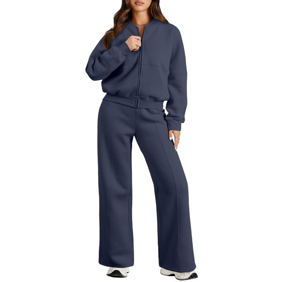 DOKOTOO Womens Sweatsuits 2 Piece Outfits Oversized Fleece Zip up Long Sleeve Sweatshirt with Wide Leg Sweatpants Tracksuit Lounge Sets