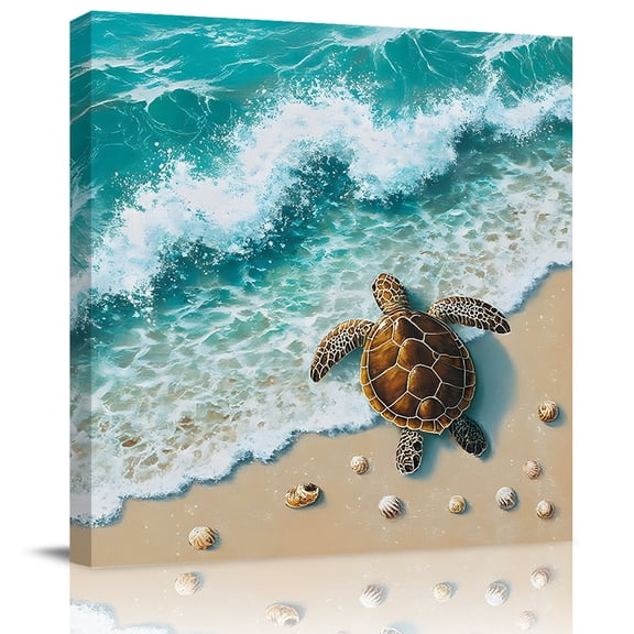 Wall Art Prints, Sea Turtle Seaside Framed Canvas Prints for Bedroom Living Room Bathroom Office, Waves Summer Beach Ocean Coastal Gallery Wrap Wall Art Poster for Gifts Home Decor 16"x16"