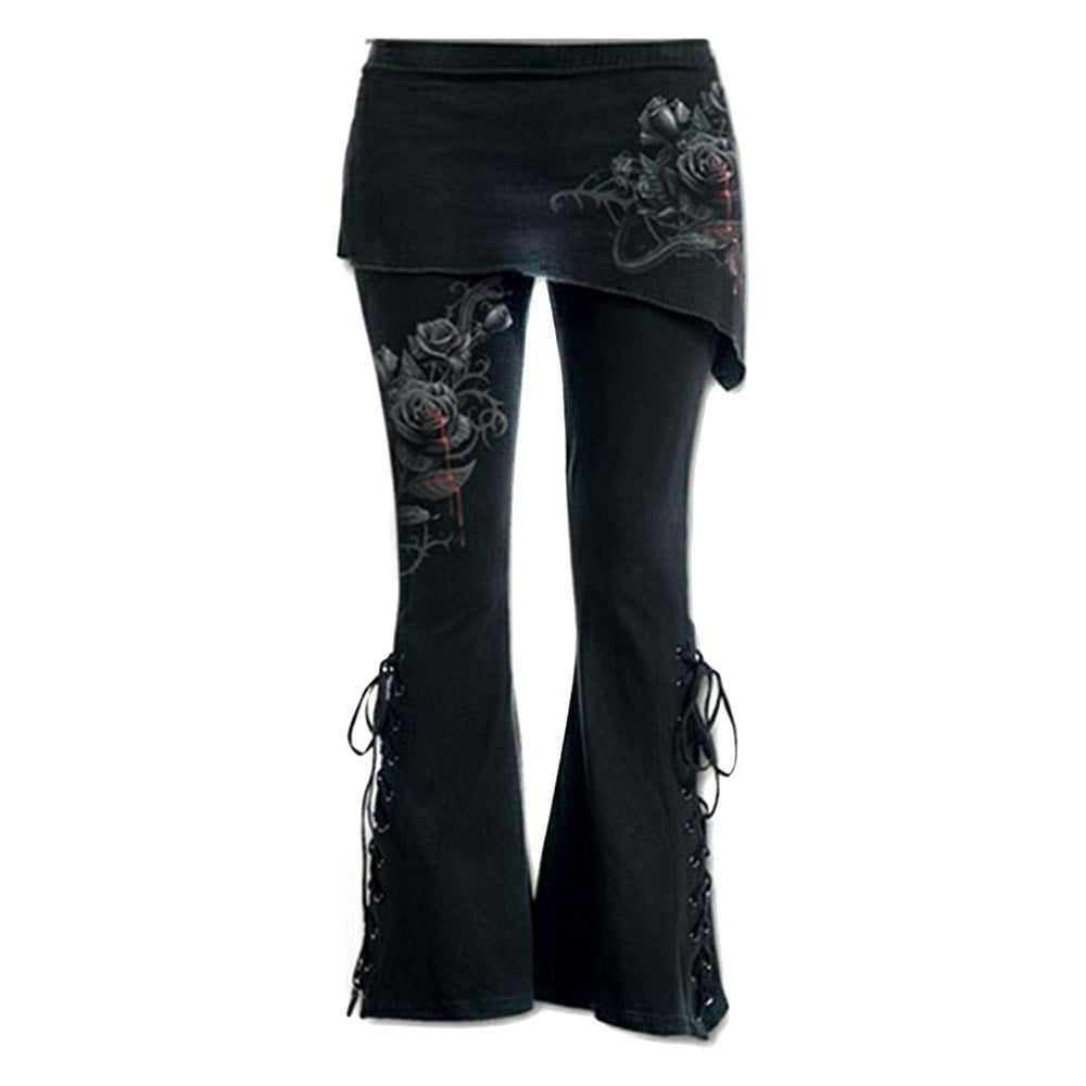 Jovati Black Leggings Women Women Black Embroidered Casual Bandage Flares Punk Lace Up Bell Bottom Leggings Red