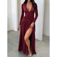 thumbnail image 3 of Women's Elegant Deep V Neck Long Sleeve Ruched Bodycon Split Party Maxi Dress, 3 of 4