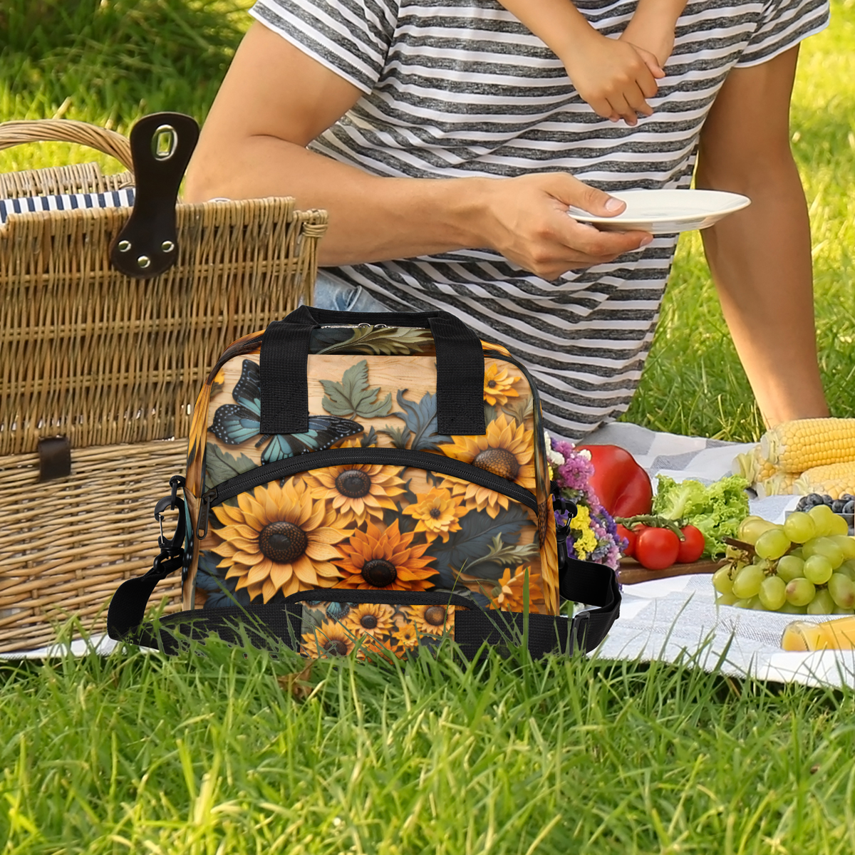 Herdesigns Sunflower Butterfly Insulated Lunch Bag for Women Men Adults Large Reusable Lunch Box Leakproof Portable Cooler Tote Bags with Adjustable Shoulder Strap