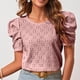 thumbnail image 2 of Whataatahia Mujeres Cuello Redondo Top Mangas Cortas Puff Hueco Jacquard Color Puro Ajuste Suelto Verano Camiseta Rosa S, 2 of 7