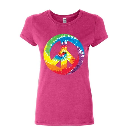 Tee Hunt Tie Dye Peace Symbol 80 s Women s T-Shirt Hippie Happiness Love not War Shirt  Pink  XX-Large