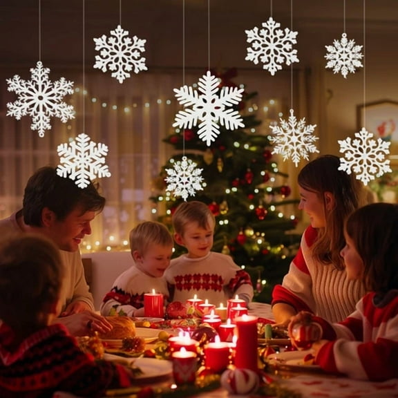 48Pcs White Christmas Snowflake Ornaments Plastic Glitter Snow Flakes Ornaments