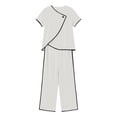 thumbnail image 5 of Pounoo Cotton Sets for Women 2 Piece Asymmetric Wrap Neck Single Button Short Sleeve Tops Contrast Edge Wide Leg Pants Casual Daily Outfits Gift, 5 of 6