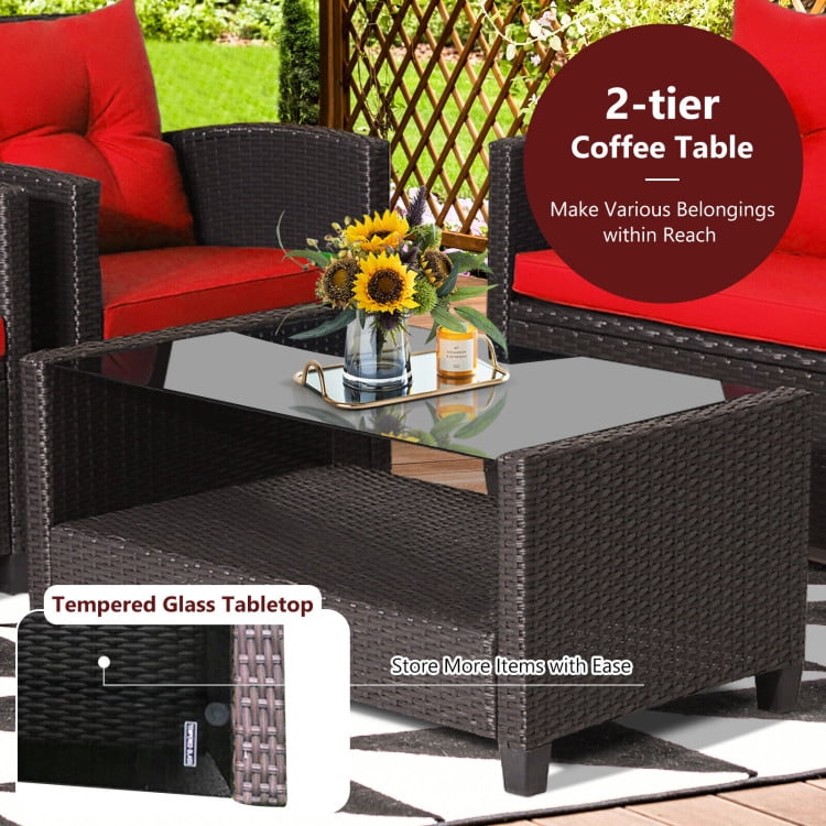 Aimee Lii 4 Pieces Wicker Patio Furniture Set with Tempered Glass Coffee Table, Wicker Outdoor Sectional, Red Aimee Lii 4 Pieces Wicker Patio Furniture Set with Tempered Glass Coffee Table, Wicker Outdoor Sectional, Red