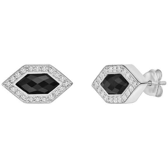 Black Onyx Rhombus Halo Stud Earrings for Women in 925 Sterling Silver with White Sapphire Push Back Studs by Lavari Jewelers
